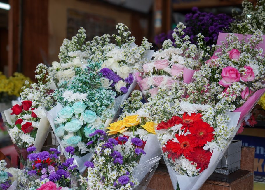 A vibrant display of floral arrangements featuring a variety of fresh flowers including pink roses, yellow roses, red gerbera daisies, purple asters, white daisies, and baby's breath, all wrapped in p